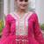 Rani-pink georgette readymade navratri anarkali suit with laheriya & kutchi patchework