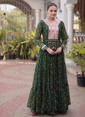 Dark-green georgette readymade navratri anarkali suit with laheriya & kutchi patchework 1