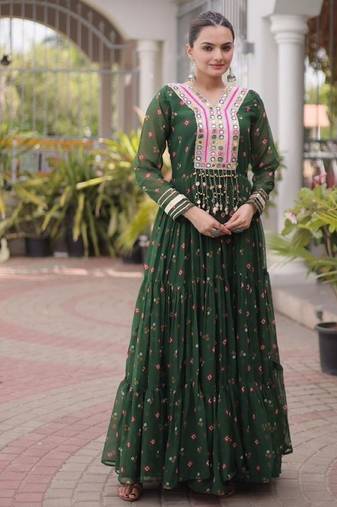 Dark-Green Georgette Readymade Stitched Navratri Anarkali Suit with Laheriya & Kutchi Patchework