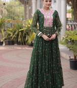 Dark-green georgette readymade navratri anarkali suit with laheriya & kutchi patchework