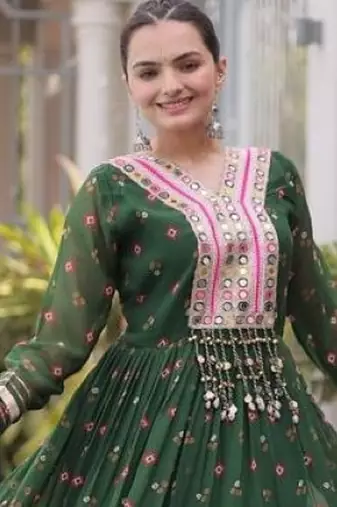 Dark-green georgette readymade navratri anarkali suit with laheriya & kutchi patchework