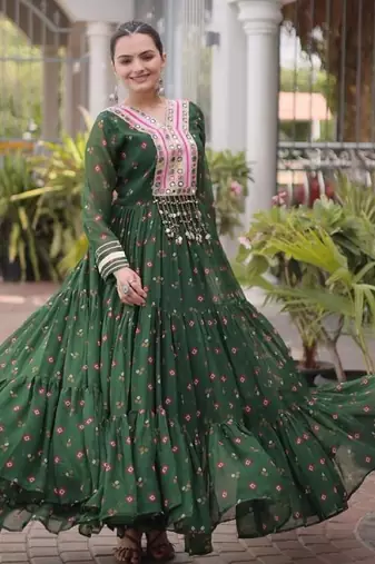 Dark-green georgette readymade navratri anarkali suit with laheriya & kutchi patchework