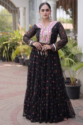 Black Georgette Readymade Stitched Navratri Anarkali Suit with Laheriya & Kutchi Patchework