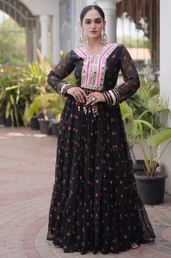 Black georgette readymade navratri anarkali suit with laheriya & kutchi patchework