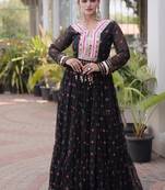 Black georgette readymade navratri anarkali suit with laheriya & kutchi patchework