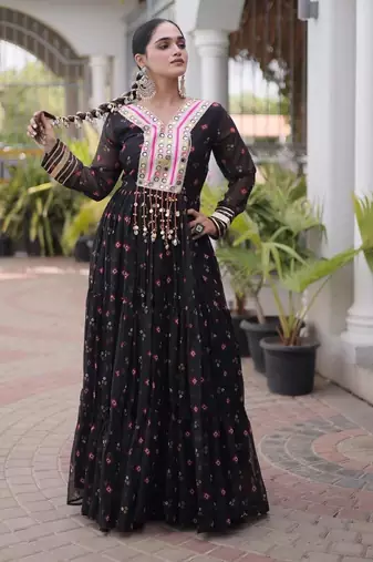 Black georgette readymade navratri anarkali suit with laheriya & kutchi patchework