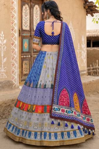 Navratri Ajrakh Print Rayon Lehenga Choli & Blouse With Dupatta