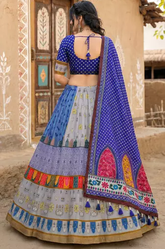 Navratri Ajrakh Print Rayon Lehenga Choli & Blouse With Dupatta