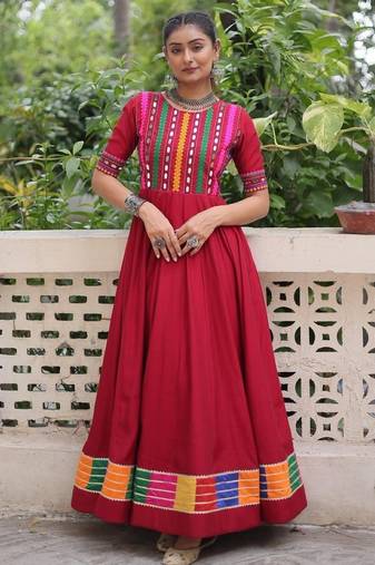 Red Roman Readymade Stitched Navratri Anarkali Suit with Thread Embroidery & Mirror Work