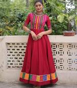 Red roman readymade navratri anarkali suit with thread embroidery & mirror work
