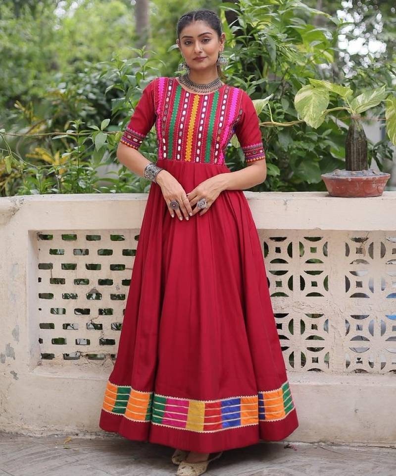 Red roman readymade navratri anarkali suit with thread embroidery & mirror work