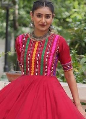 Red roman readymade navratri anarkali suit with thread embroidery & mirror work 2