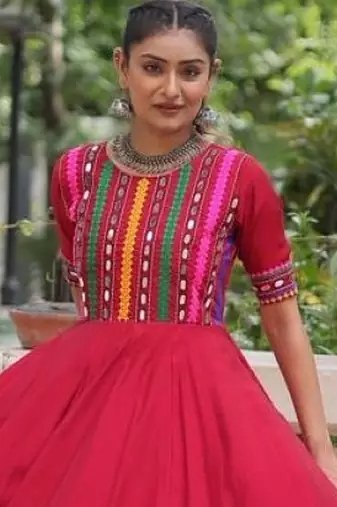 Red roman readymade navratri anarkali suit with thread embroidery & mirror work