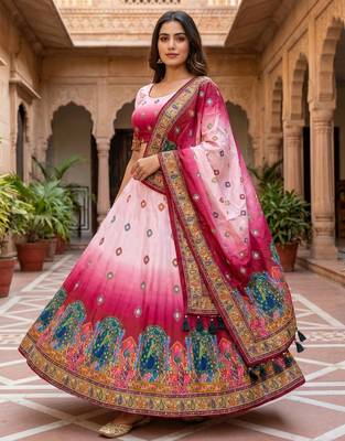 Navratri Ajrakh Print Rayon Lehenga Choli & Blouse With Dupatta 1