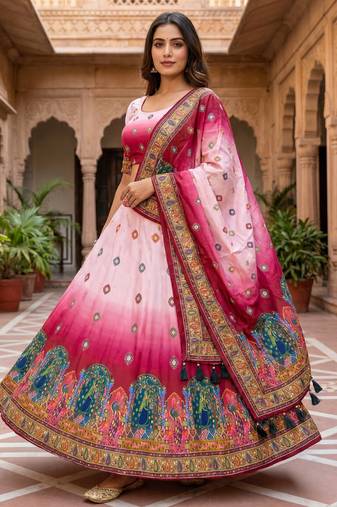 Navratri Ajrakh Print Rayon Lehenga Choli & Blouse With Dupatta