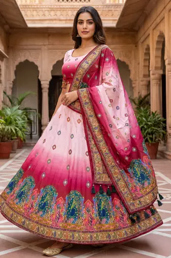 Navratri Ajrakh Print Rayon Lehenga Choli & Blouse With Dupatta