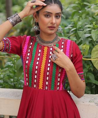 Red roman readymade navratri anarkali suit with thread embroidery & mirror work 3
