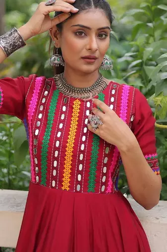 Red roman readymade navratri anarkali suit with thread embroidery & mirror work