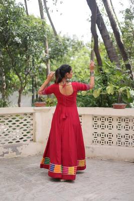 Red roman readymade navratri anarkali suit with thread embroidery & mirror work 4