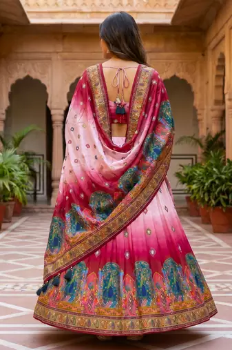 Navratri Ajrakh Print Rayon Lehenga Choli & Blouse With Dupatta