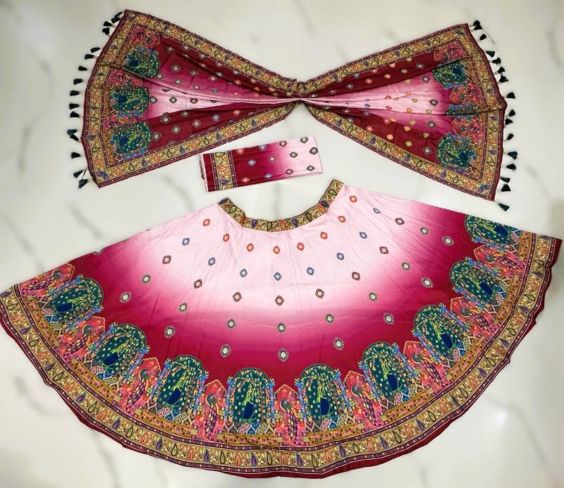 Navratri Ajrakh Print Rayon Lehenga Choli & Blouse With Dupatta