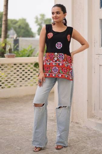 Black georgette readymade navratri top with kutchi gamthi work