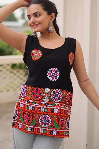 Black georgette readymade navratri top with kutchi gamthi work
