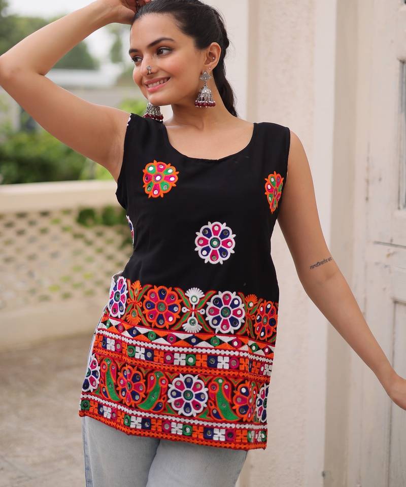 Black georgette readymade navratri top with kutchi gamthi work