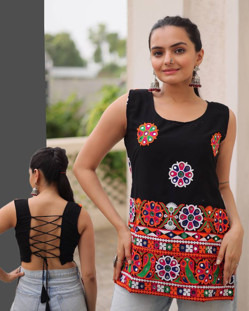 Black georgette readymade navratri top with kutchi gamthi work
