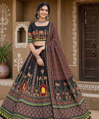 Navratri Ajrakh Print Rayon Lehenga Choli & Blouse With Dupatta 1