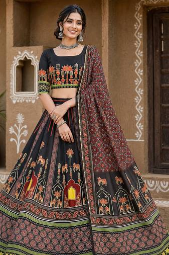 Navratri Ajrakh Print Rayon Lehenga Choli & Blouse With Dupatta