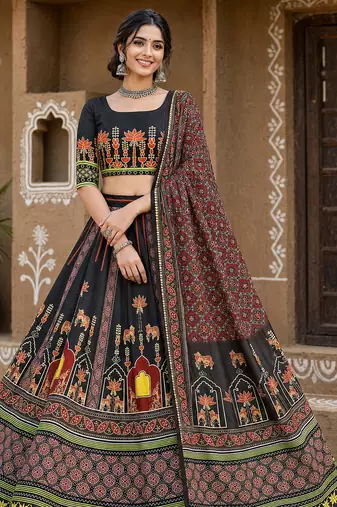 Navratri Ajrakh Print Rayon Lehenga Choli & Blouse With Dupatta