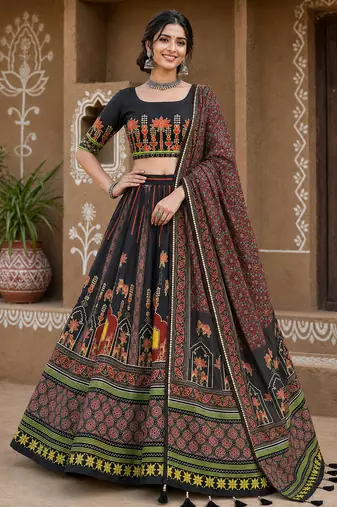 Navratri Ajrakh Print Rayon Lehenga Choli & Blouse With Dupatta