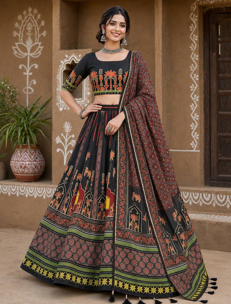 Navratri Ajrakh Print Rayon Lehenga Choli & Blouse With Dupatta