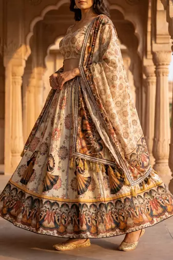 Navratri Ajrakh Print Rayon Lehenga Choli & Blouse With Dupatta