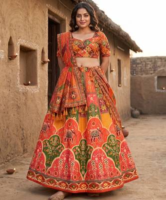 Navratri Ajrakh Print Rayon Lehenga Choli & Blouse With Dupatta 1