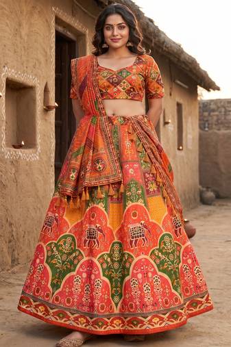 Navratri Ajrakh Print Rayon Lehenga Choli & Blouse With Dupatta