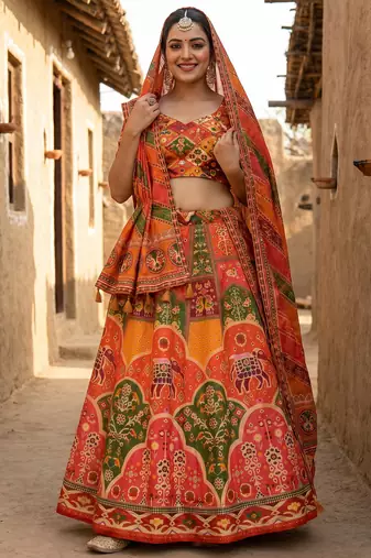 Navratri Ajrakh Print Rayon Lehenga Choli & Blouse With Dupatta