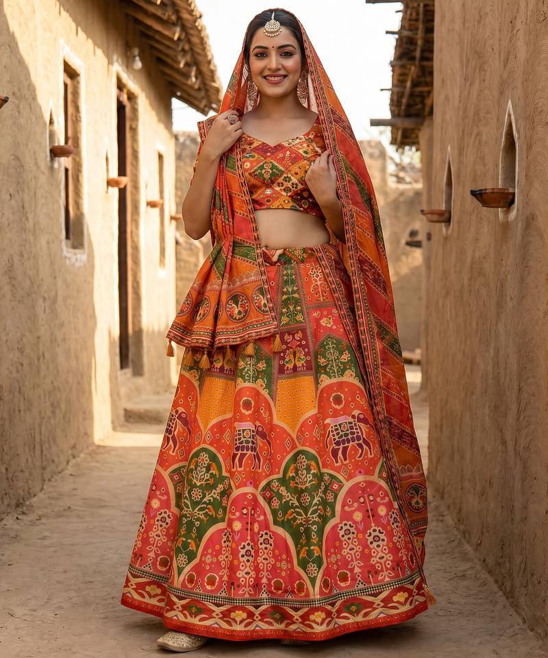 Navratri Ajrakh Print Rayon Lehenga Choli & Blouse With Dupatta