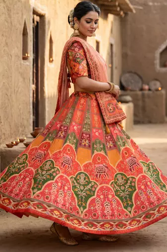 Navratri Ajrakh Print Rayon Lehenga Choli & Blouse With Dupatta