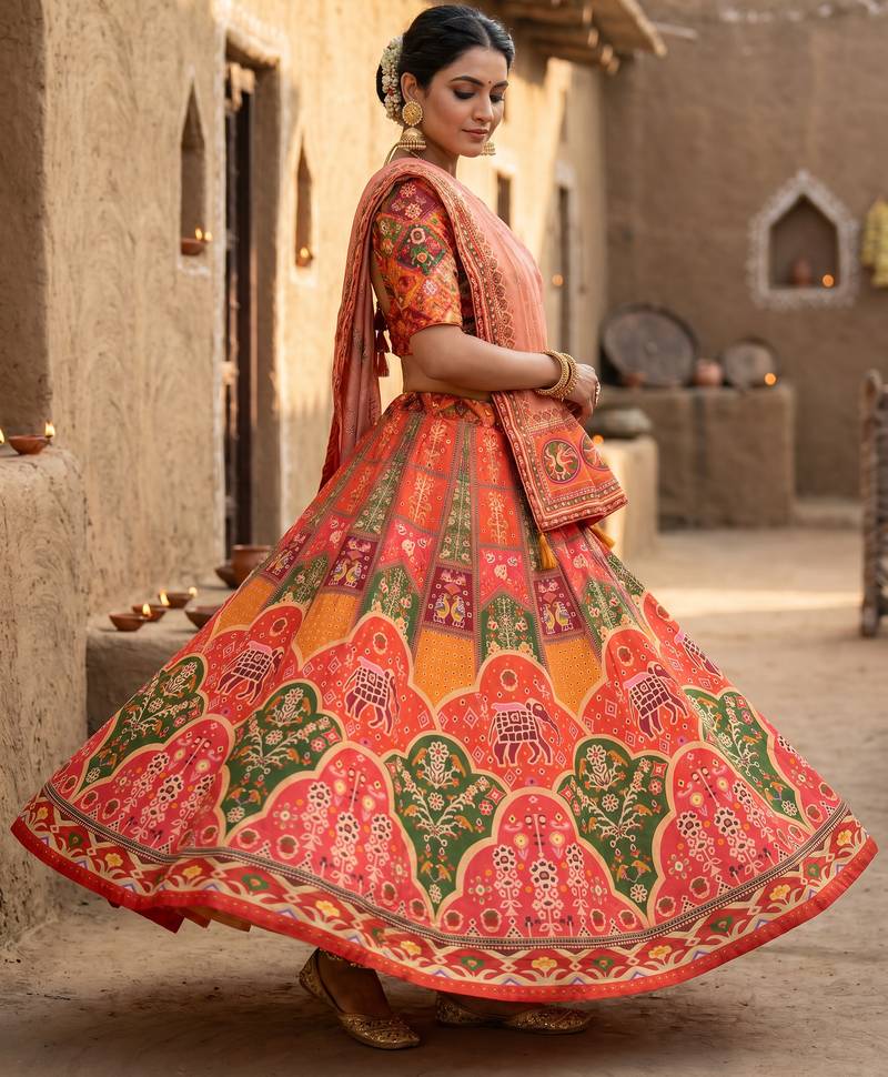 Navratri Ajrakh Print Rayon Lehenga Choli & Blouse With Dupatta