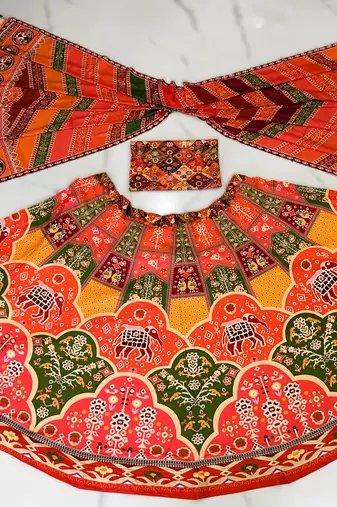 Navratri Ajrakh Print Rayon Lehenga Choli & Blouse With Dupatta