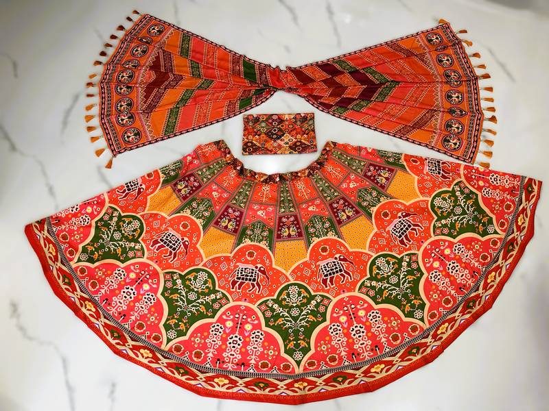 Navratri Ajrakh Print Rayon Lehenga Choli & Blouse With Dupatta