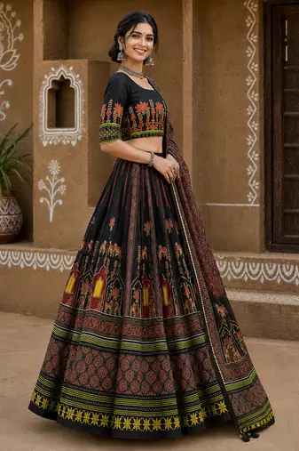 Navratri Ajrakh Print Rayon Lehenga Choli & Blouse With Dupatta