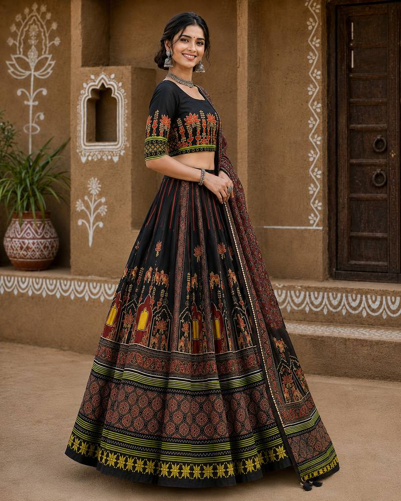 Navratri Ajrakh Print Rayon Lehenga Choli & Blouse With Dupatta