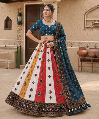 Navratri Ajrakh Print Rayon Lehenga Choli & Blouse With Dupatta 1