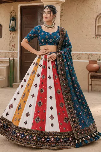 Navratri Ajrakh Print Rayon Lehenga Choli & Blouse With Dupatta