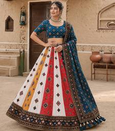 Navratri Ajrakh Print Rayon Lehenga Choli & Blouse With Dupatta