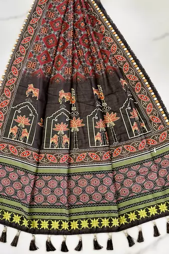 Navratri Ajrakh Print Rayon Lehenga Choli & Blouse With Dupatta