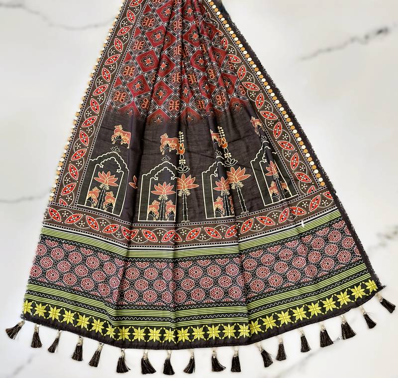Navratri Ajrakh Print Rayon Lehenga Choli & Blouse With Dupatta